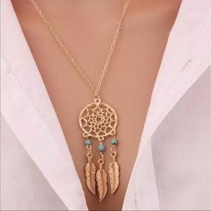 Gold Dreamcatcher Necklace Boho Feather Pendant Turquoise Bead Jewelry